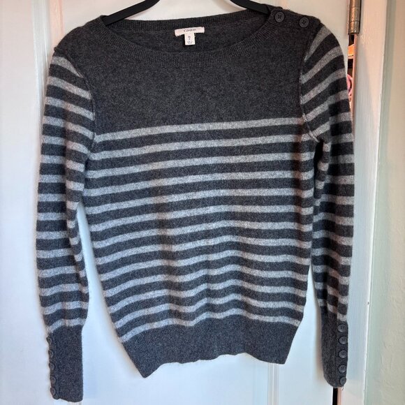 Caslon 100% Cashmere Striped Sweater • Gray/Charcoal • Button Detail • MP - Picture 1 of 8